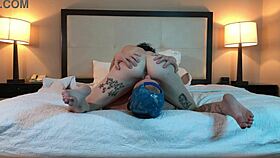 This hot tatted petite 18+ beauty is eating pussy like it's no big deal, licking and diving into that trimmed pussy with enthusiasm