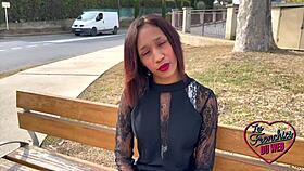 Reyna getting slammed in a wild French trio HHF session. Her skinny frame takes it all!