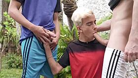 After the game, muscular amateurs dive into a wild first-time gay encounter. Kissing and flashing heat up the homemade scene!