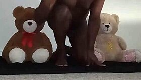 Enjoying Threesome With Brown And Caucasian Furry Toy Bears