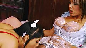 Jasmine Black and Leila Bee intensely lick in food fetish lesbian sex