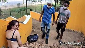 Caught Masturbating In Public, She Sucks Young Well-Endowed Guys!