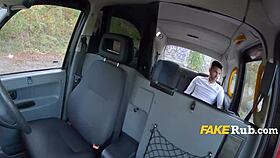 czech hottie flirts while driving a taxi, teasing with her shaved pussy and tight ass