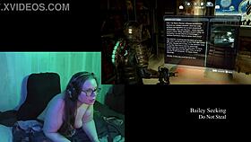 naked brunette plays deadspace part 2 with big natural tits