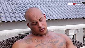 The bodybuilder jerks his monster cock and cums deliciously in this solo scene.