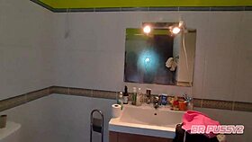 American beauty deepthroats lover's cock in shower, gagging and getting wet