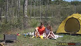Skinny teen 18+ bangs her boyfriend outdoors on camping adventure.