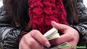 European brunette next door strips naked in public for quick cash.