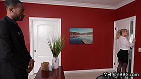 Curvy Blonde Secretary Delivers Sloppy Blowjob and Rides Big Black Cock in Reality Scene