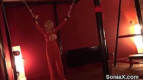 Unfaithful British lady Sonia shows off her huge tits in lingerie.