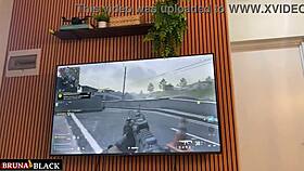 Pregnant Busty Woman Sucks and Rides Husband's Delicious Cock While Playing Video Game