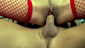 tommy fucking in red fishnet nylon and a garter