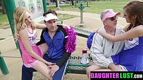 In this taboo 4some, lucky stepdads enjoy their young 18+ daughters' beautiful pussies riding them.