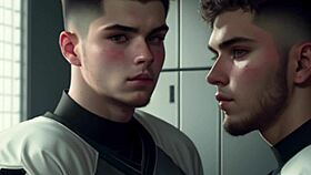 Two football players suck and jerk off after game, twink gay cum on cocks