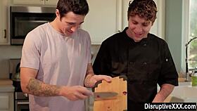 Closeted guy sucks and fucks his cooking instructor's monster cock in the kitchen.