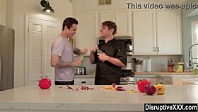 Closeted guy sucks and fucks his cooking instructor's monster cock in the kitchen.