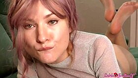 Pink haired cutie chats sensually with friends in casual setting