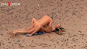 An older guy spots a hot milf flashing on the beach, then they fuck passionately as exhibitionists on the ocean shore
