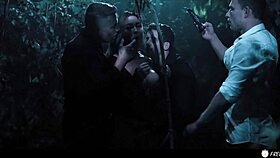 Busty Chick Frozen in Time Gets Nailed by Three in Forest