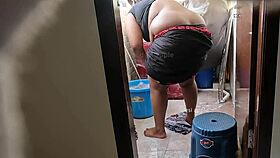 young boy jerks cock in front of indian maid swathy, flashing his dick.