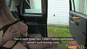 in a dirty british taxi, the fake female driver gargles coppers cum while orgasming on european streets