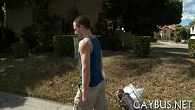 Fellows engaging in detailed homosexual sex acts.