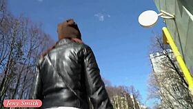 Jeny smith spins in a miniskirt on the beach, flashing her upskirt in public nudist area