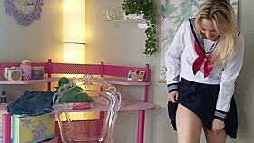 Blonde teen cheerleader trying on sexy lingerie gifts