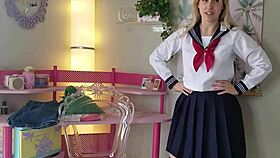 Blonde teen cheerleader trying on sexy lingerie gifts