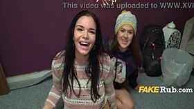 christmas gift arrives, big titted babe gets oral and riding in dorm threesome with spanking 😍