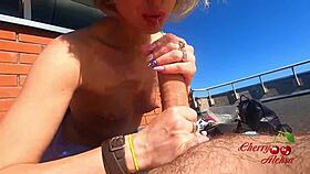 blonde pov blowjob leads to anal on roof