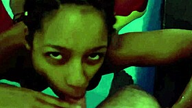 Getting a hot blowjob from the sexy black babe at the motel pool