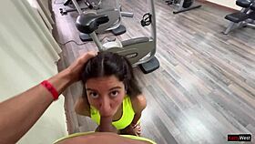 Risky gym sex in public with hot cum swallow