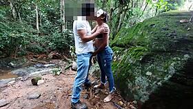 Latina prostitute gives blowjob and takes anal creampie at waterfall