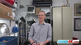 Blonde gay guy sucks director's big chocolate bar at work