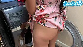 fucked my step-sister while doing laundry, her shaved pussy in cowgirl!