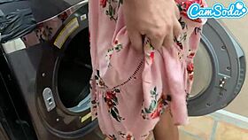 fucked my step-sister while doing laundry, her shaved pussy in cowgirl!