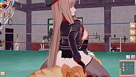 Rapi Nikke scene in Koikatsu game featuring characters with big features in 3D cartoon anime style.