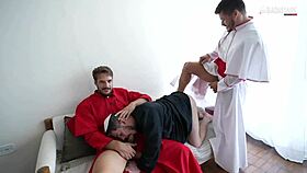 Peralta kneels for deepthroat in gay backstage group