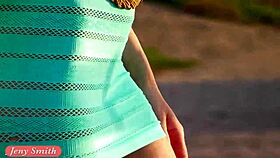 Jeny smith flashes in transparent dress and upskirt outdoor
