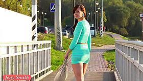 Jeny smith flashes in transparent dress and upskirt outdoor