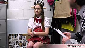 Petite teen shoplifter in uniform caught and punished with fucking on CCTV in back room.