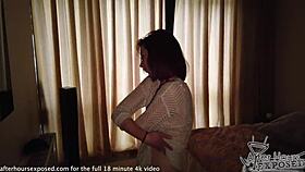 Double dildo lesbian date night on sofa