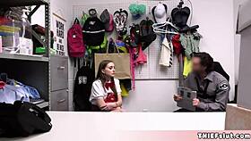 Petite teen shoplifter in uniform caught and punished with fucking on CCTV in back room.