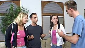 Want to join our young 18+ foursome? Sucking cocks and fucking in a wild group sex session.