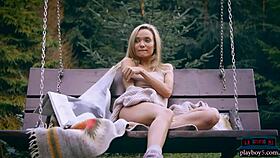 Amazing ass Russian blonde Zhenya Belaya is stripping outdoor in the woods, what a sight!