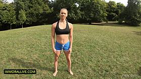 Athletic teen double crosses coach with round booty threesome