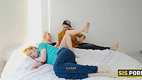 Blonde teen turns on stepbrother while getting pussy fucked next to boyfriend in reality fantasy!