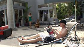 blonde beauty tanya tate strips naked and rides a huge cock, her big tits bouncing shaved pussy deepthroat