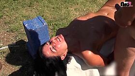 cum hungry slut gets blowbang bukkake outdoor, i mean shes covered in cum everywhere